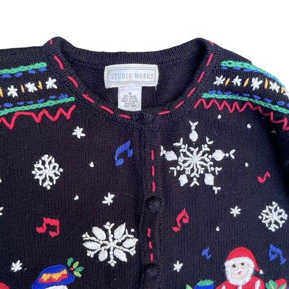 Studio Works Vtg Ugly Christmas Cardigan Sweater M Black Embroidery Front Back - Picture 3 of 11